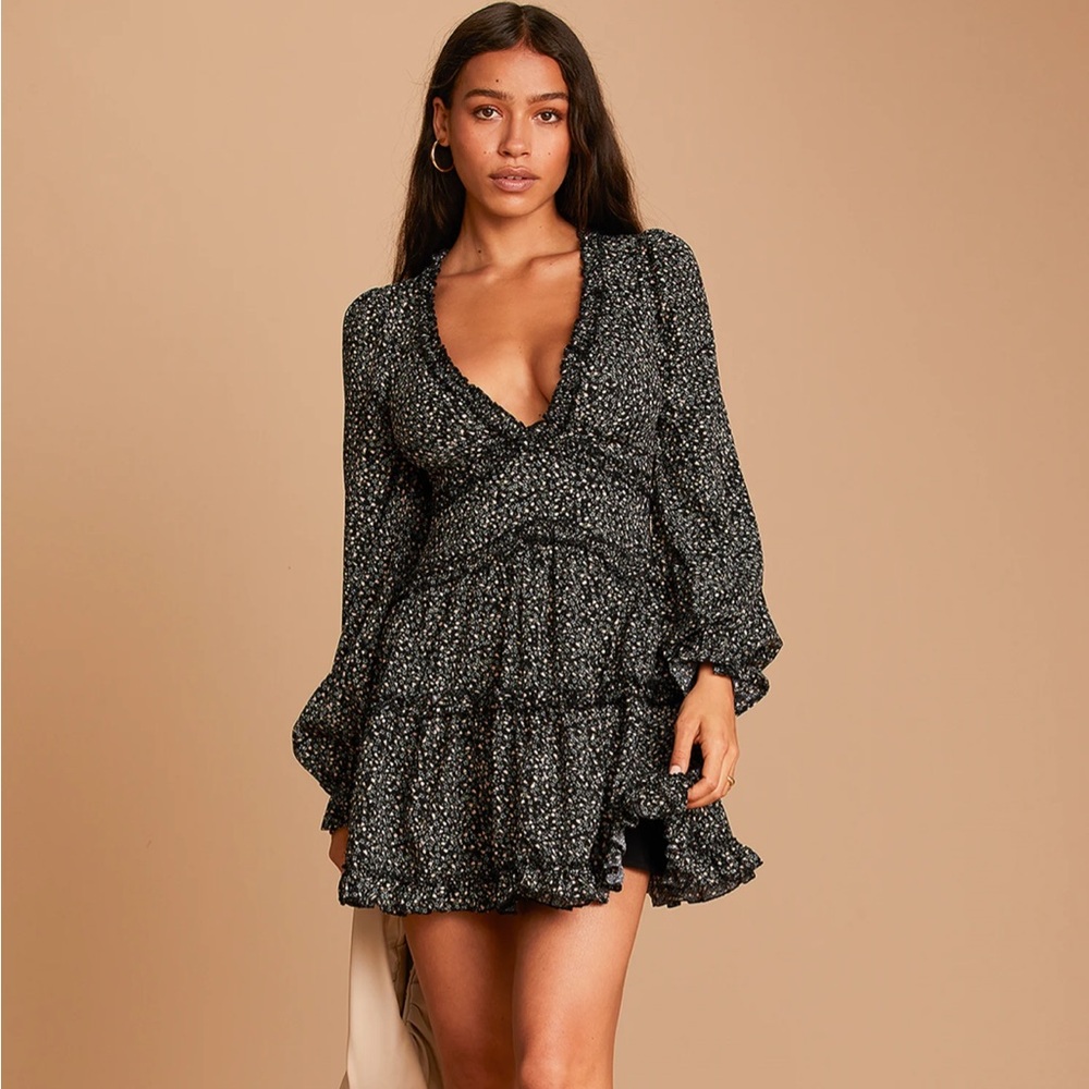 Lulu’s - Admire You Black Floral Print Ruffled Long Sleeve Mini Dress